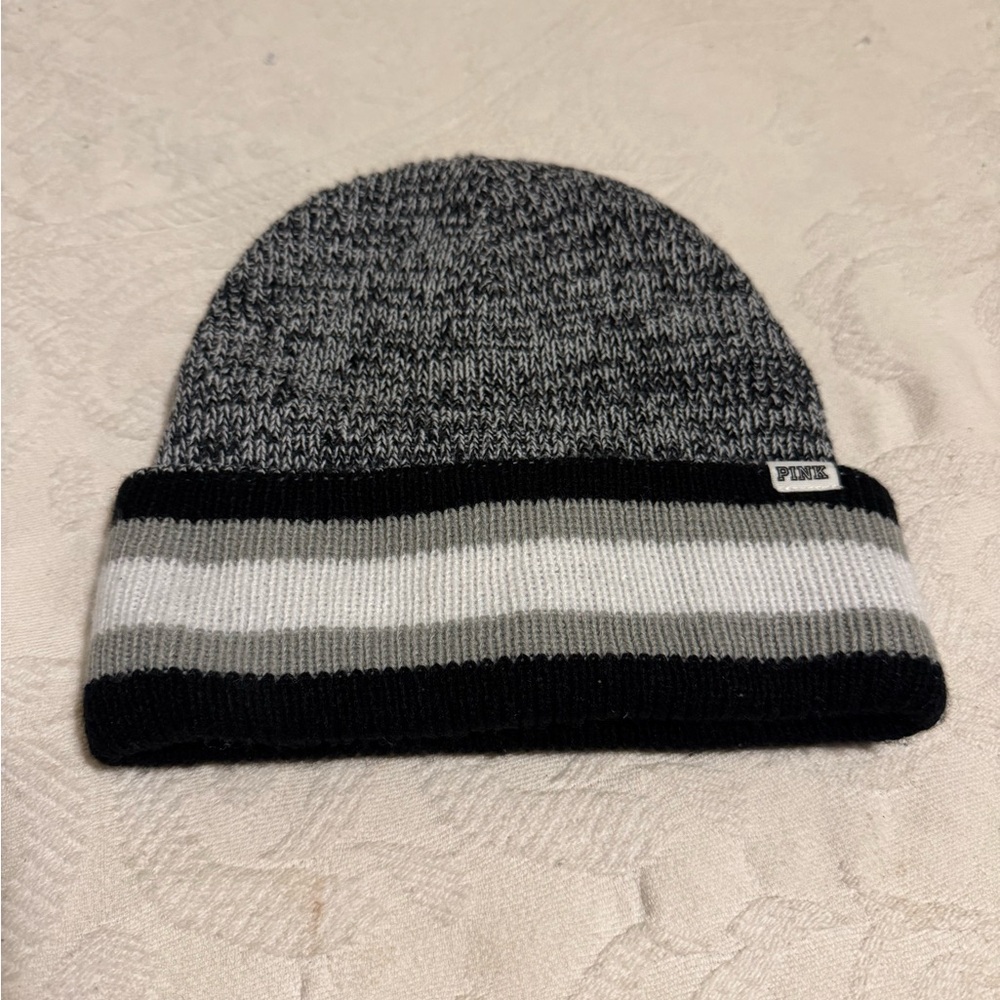 PINK Reversible Victoria's Secret Black Gray Knit Beanie Winter Hat